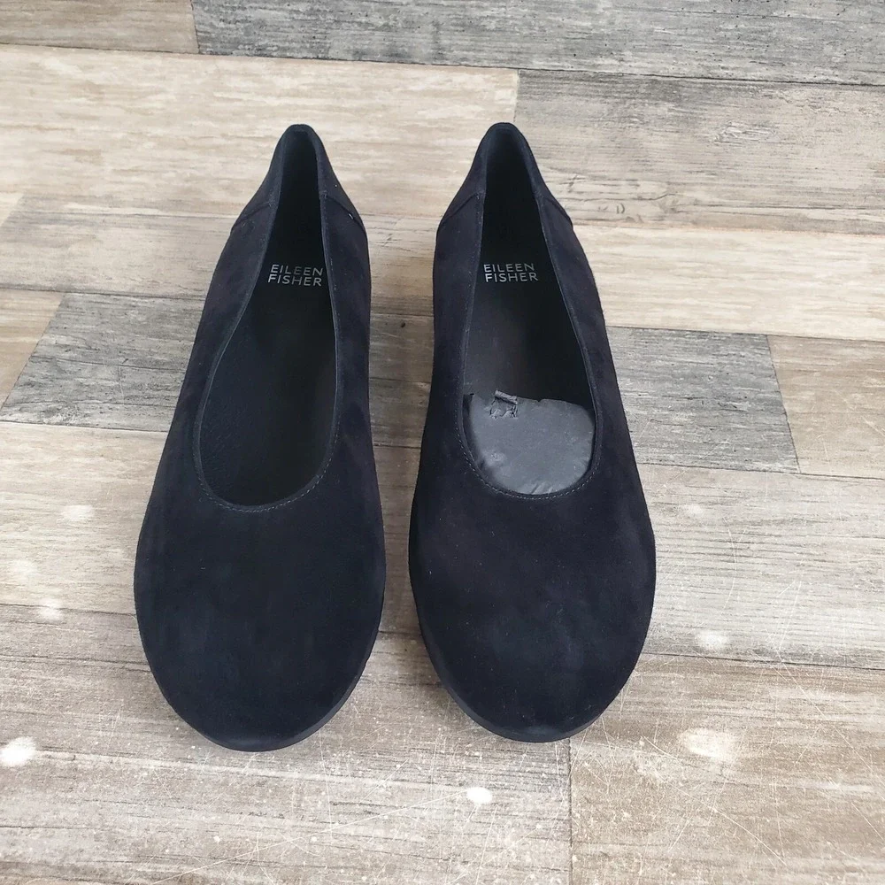 Eileen Fisher UNA 2‎ Womens Flats Sz 7.5 M Comfort Black Suede Slip-On Shoes